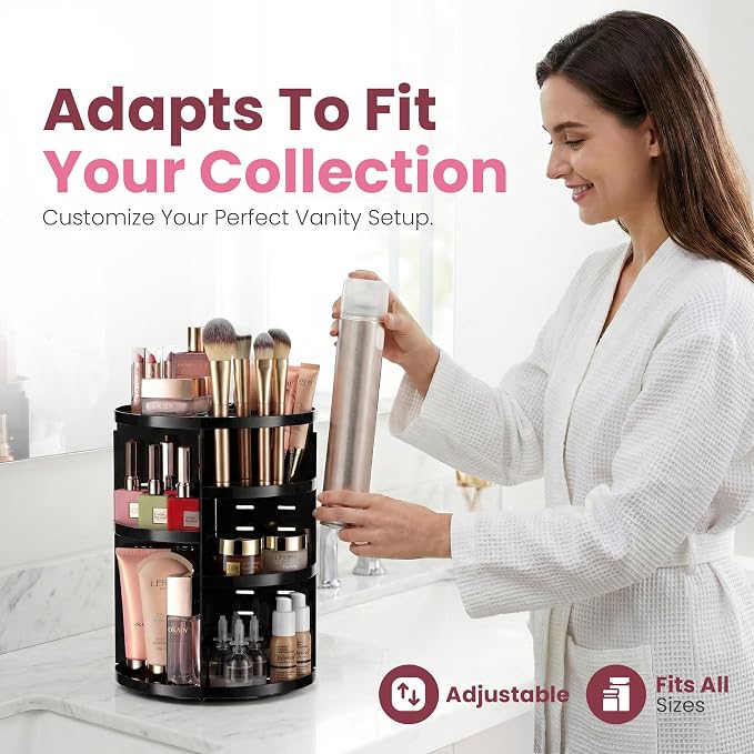 Masirs 360 Rotating Makeup Organizer Countertop, Adjustable Shelf, Black | 360-Degree Rotating Makeup Organizer, Adjustable Shelf Height, Cosmetic Perfume Skincare Storage, Vanity Countertop, Black