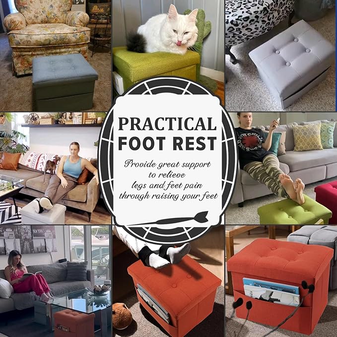 LINMAGCO Small Storage Ottoman Stool Foot Rest Stool Under Desk Stool Short Folding Ottoman Linen Cloth Navy 17X13X13IN
