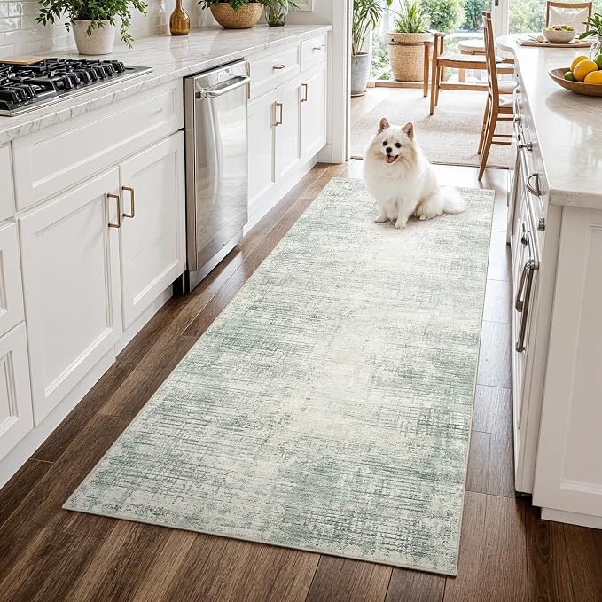 3x6 Hallway Washable Runner Rug - Non-Slip Kitchen Rugs with Rubber Backing Abstract Neutral Low-Pile Carpet Runners for Laundry Room Home Decor Bedroom Bathroom Entryway (Green,3x6)