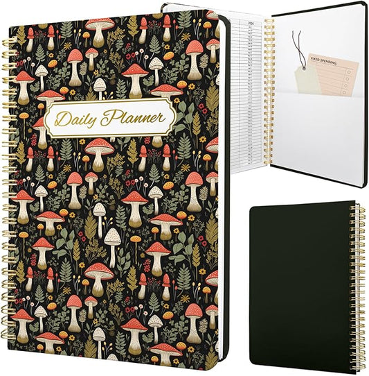 Undated Daily Planner - Spiral Notebook 80 Days One Day Per Page, Hourly Schedule, To-Do List, Notes, Everyday Planning Task, A5 Hardcover Journal Organizer Book Women Cute Aesthetic, Mushroom