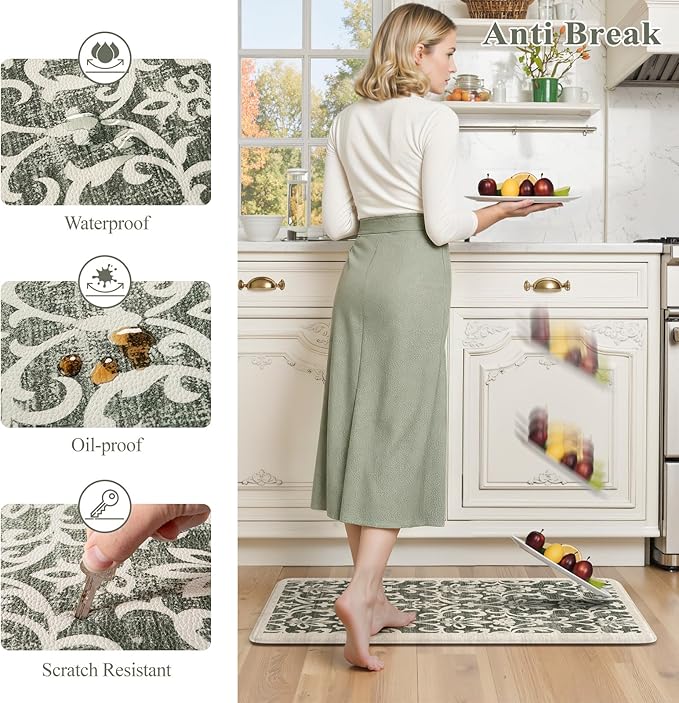 LEEVAN Green Kitchen Mat Sets of 2, Vintage Distressed Anti Fatigue Memory Foam Kitchen Floor Mat for Laundry,Non Slip Cushioned Standing Mat for Home, Office, Desk,Sink(17''x29''+17''x47'')