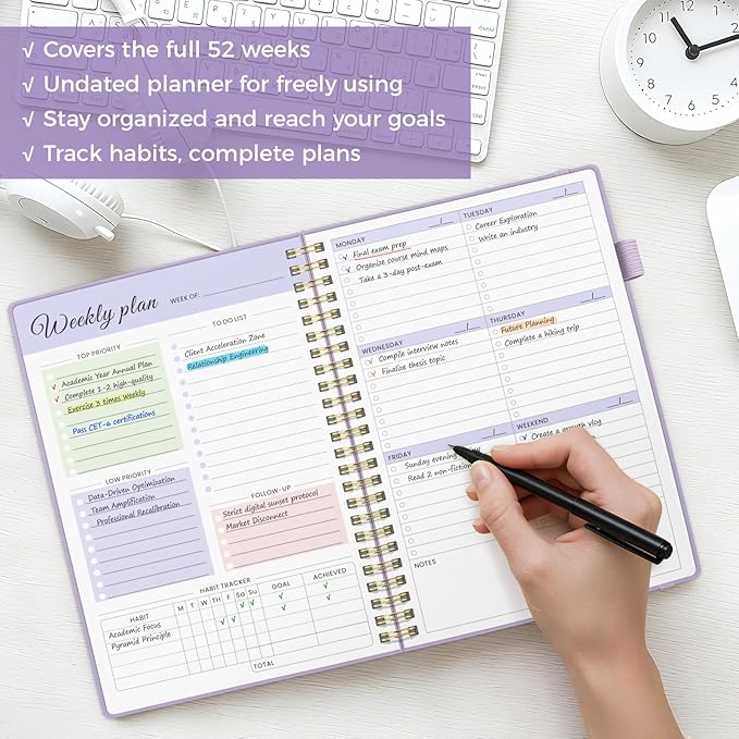Oucaru Undated Weekly Planner, 8.5"x11", A4 Size To Do List Notebook with Goal & Habit Tracker Organizer, 52 Weekly Planner Notebook with Spiral Binding for Office Home School Supplies