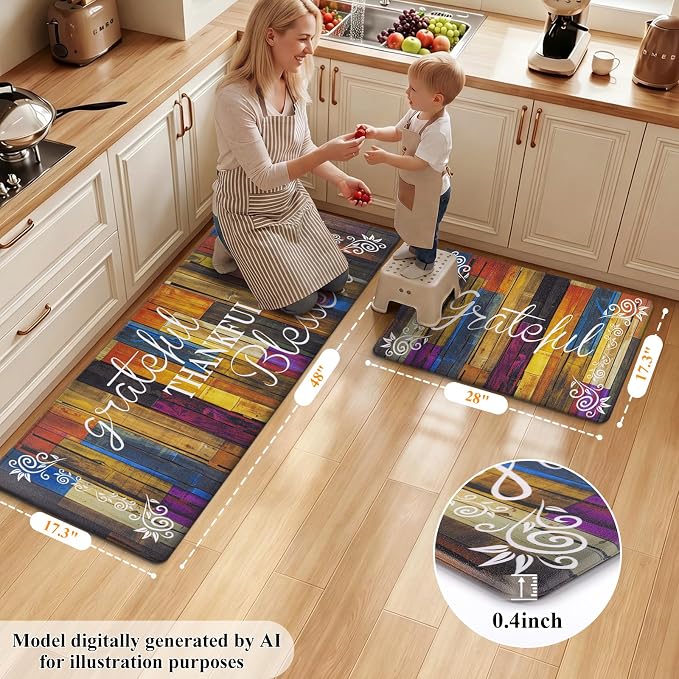 HEBE Anti Fatigue Kitchen Rugs Set of 2, Non Slip Cushioned Kitchen Mats for Floor, Waterproof Farmhouse Kitchen Carpet Set Comfort Standing Desk Mat for Sink,Office,Laundry