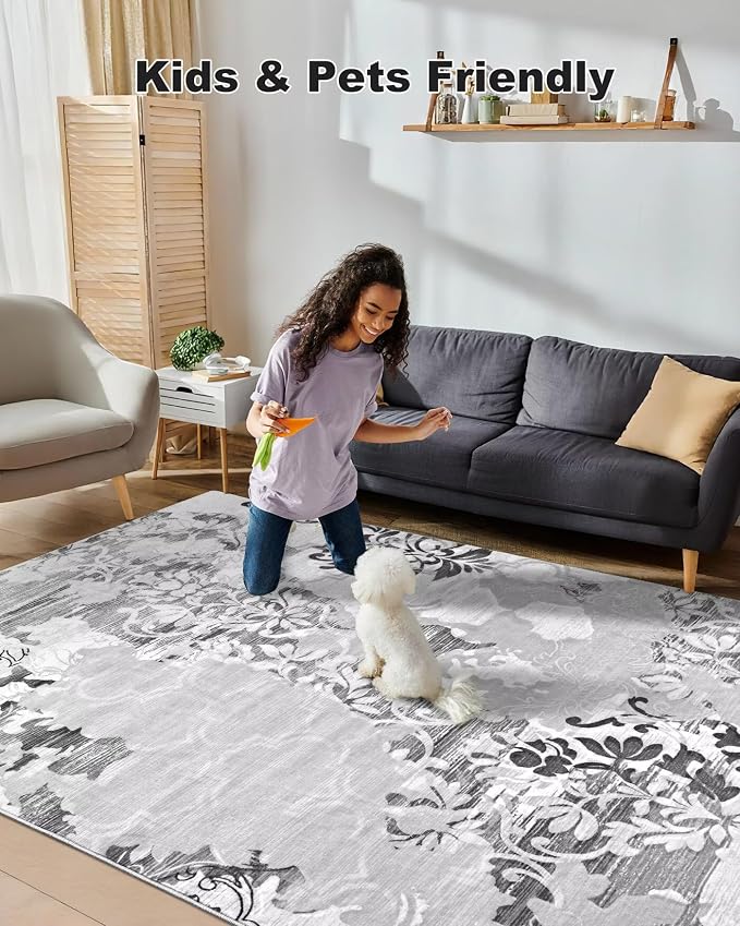 Macgace Washable Abstract Rug, 8x10 Classic Grey and White Floral Area Rugs with Non-Slip Rubber Backed for Living Room, Low Pile Modern Throw Carpet Bedroom Dining Room Decor