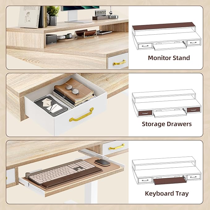 TIQLAB Standing Desk with Two Drawers, Stand Up Standing Desk Adjustable Height, Electric Sit Stand Table with Storage Shelf and Splice Board, with LED Light, 55 * 28 inch, Maple