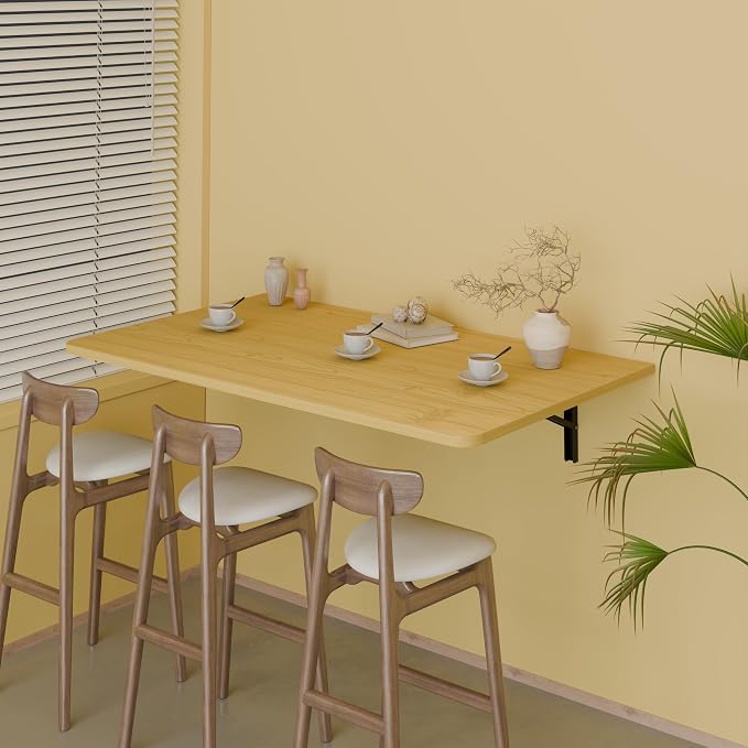 Floating Foldable Desk,Wall Mounted - Folding Computer Table with Engineered Wood,Study Table with Shelf Brackets,Fold Down Shelf,Fold Computer Desk for Small Spaces,Holds 300 lb,36" x 22" Natural