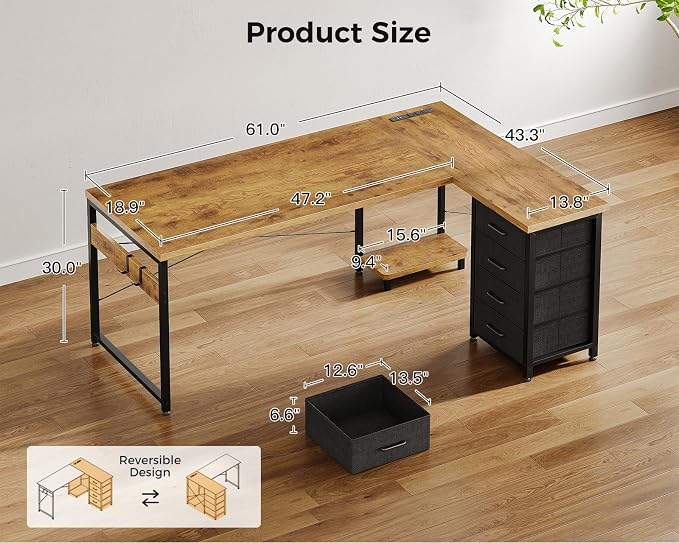 AODK 61" L Shaped Gaming Desk with 4 Drawers and Power Outlets, Vintage | USB Ports, PC Tower Stand, Hooks, Reversible Corner Layout for Gaming Rooms, Bedrooms and Home Office