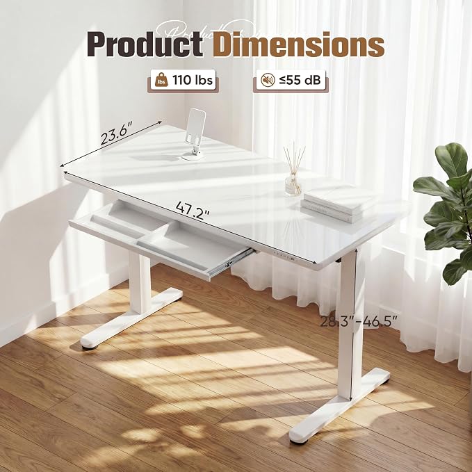 YESHOMY Electric Standing Desk with Tempered Glass Top, 47.2" Height Adjustable Desk with Partitioned Drawer & USB/Type-C Ports, Sit Stand Desk for Home Office, White