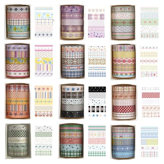 60 Rolls Cute Washi Tape Pack Basic Mini Adhesive Tapes Stars, Plaids, Florals, Grids & Dots Patterns Decorative Masking Tape Sets for Craft, Kids, Scrapbook, DIY, Gift Wrapping (Basic)