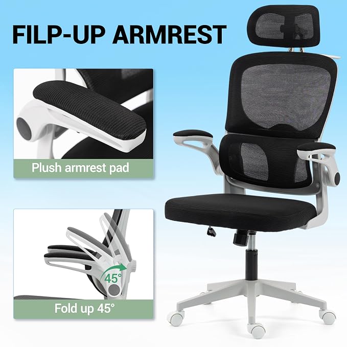 Ergonomic Office Chair with Flip-up Arms, Grey | Home Desk Chair w/ Coat Hook, Adjustable Headrest and Lumber Support, Mesh Computer Gaming Chair, 330 LBS