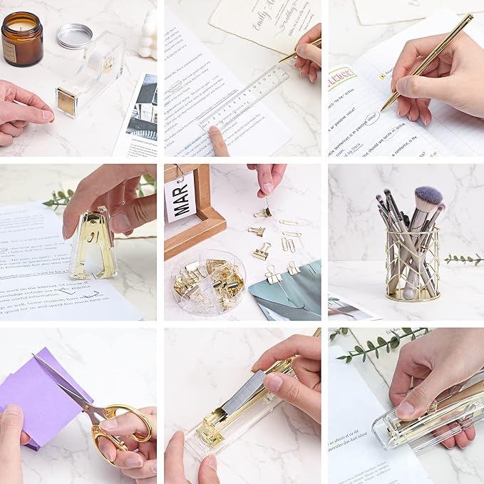 EOOUT Gold Office Supplies Set Desk Accessories, Acrylic Stapler Set Staple Remover, Phone Holder, Tape Holder, Pen Holder, 2 Ballpoint Pen, Scissor, Binder Clips, Ruler, Transparent Glue and Staples. | Clear Acrylic Desk Accessories, Organized Workspa...