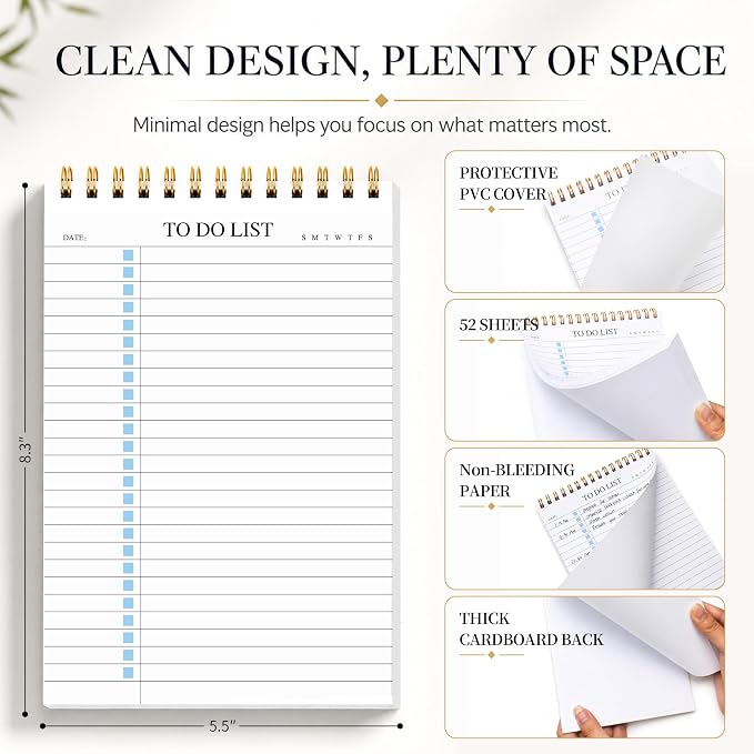 KAICN To Do List Notepad, Undated Daily Planner Notepad with To Do List Notebook Checklist Planner Spiral Waterproof Notepad for Office Supplies, School Planner, Blue, 52 Sheets, 5.5"*8.3" A5 Size