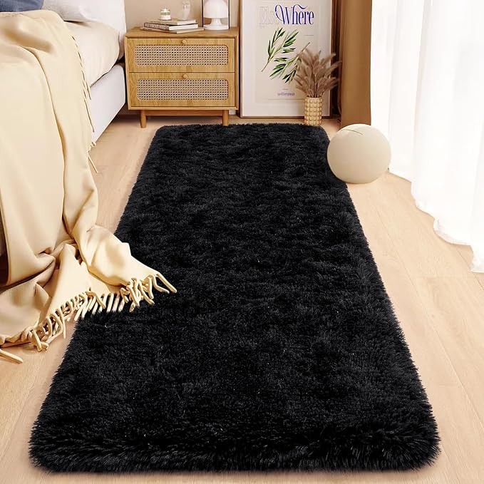 HOMORE Runner Rug 2x6 Black Rug for Bedroom, Fluffy Runner Rugs for Hallway Living Room, Non Slip Rugs for Indoor Entrance Memory Foam Carpet for Kids Room Dorm