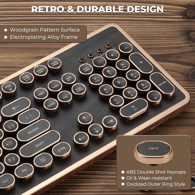 RK104 Retro Mechanical Keyboard, Wired Full-Size 104 Keys with Typewriter Round Keycaps, Wooden Grain, N-Key Rollover, Green Linear Switches, Ideal for Retro Lovers