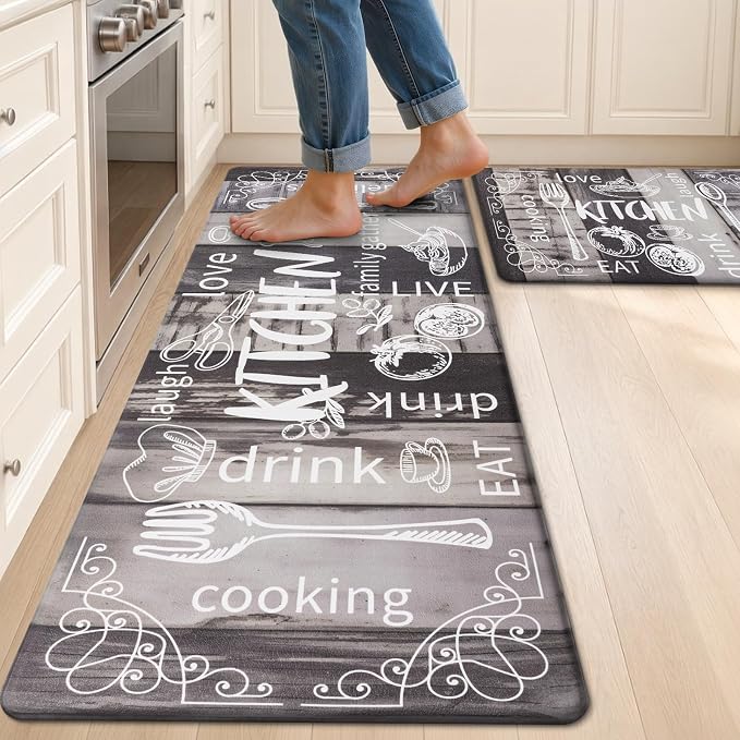 HEBE Anti Fatigue Kitchen Rugs Set of 2, Cushioned Kitchen Mats for Floor | Non Slip Farmhouse Kitchen Rug and Runner Set, Waterproof Comfort Kitchen Floor Mat Carpet for Sink, Standing Desk, Laundry