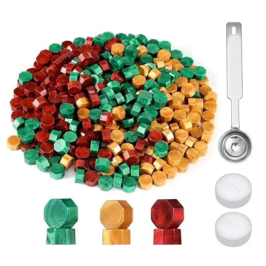 Yoption 360 Pcs Sealing Wax Beads Kit, Metallic Red, Green, Gold Christmas Wax Seal Beads with Candles and Melting Spoon