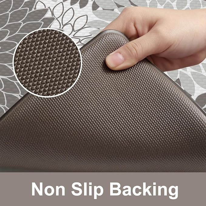 KIMODE Anti Fatigue Mats for Kitchen Floor Cushioned Kitchen Rugs Sets of 2 | 17"x47"+17"x29",Grey,Dahlia Floral Boho,Non Slip Rubber Backing,Waterproof,Wipe Clean,Standing Mat for Office Laundry Sink