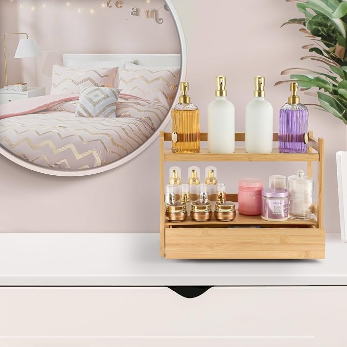 Sorbus 2-Tier Bamboo Countertop Shelf with Hidden Drawer for Vanity, Matcha Shelf, Bathroom Storage Cabinet, Under Sink Organizer, Bathroom Storage, Matcha Station Shelf (17″ L x 6.5″ W x 12.6″ H)