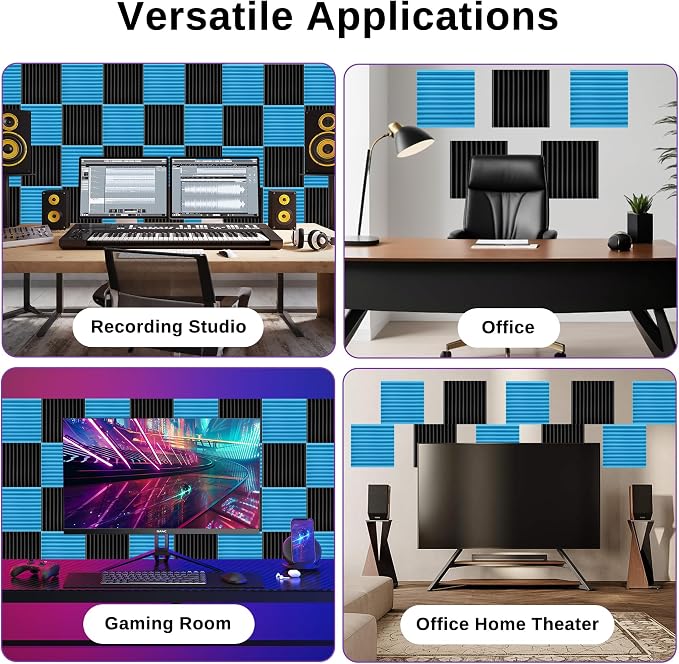52 Pack Acoustic Foam Panels 1" x 12" x 12"Acoustic Wedge Studio Foam Sound Absorption Wall Panels (Black/Blue)