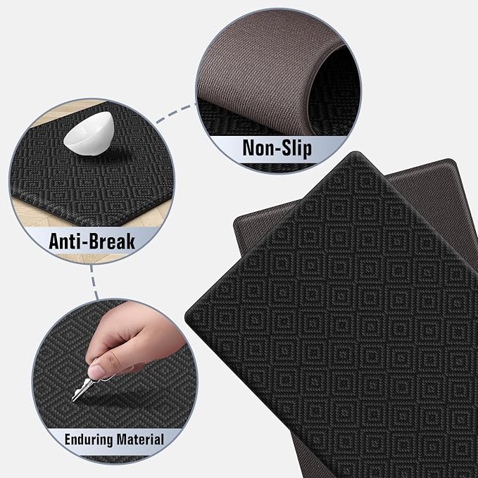 Mattitude Kitchen Mat 2PCS Kitchen Rugs Cushioned Anti-Fatigue Rug Waterproof Standing Desk Mat Kitchen Mats for Floor Kitchen Rug Set for Kitchen, Sink, Office 17.3"×30"+17.3"×59"-0.47inch Black