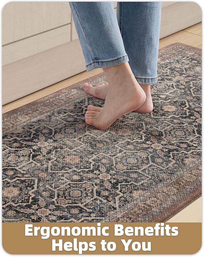 Color&Geometry Kitchen Floor Mat 24x59 Faded Vintage Anti Fatigue, Black | 0.4in Cushion Standing Mat For Cooking/Working/Laundry, Boho Decor, Non Slip PVC Kitchen Rug, Oil/Water Proof, Anti Slip