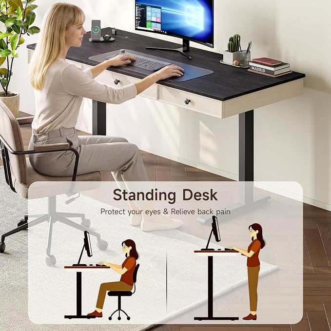 55 Inch Electric Standing Desk with 3 Drawers, Home Office Desk, Black | Computer Desks Retro Corner Table & Drawers, Height Adjustable Stand Up Desk with Storage & Outlets for Computer Workstation