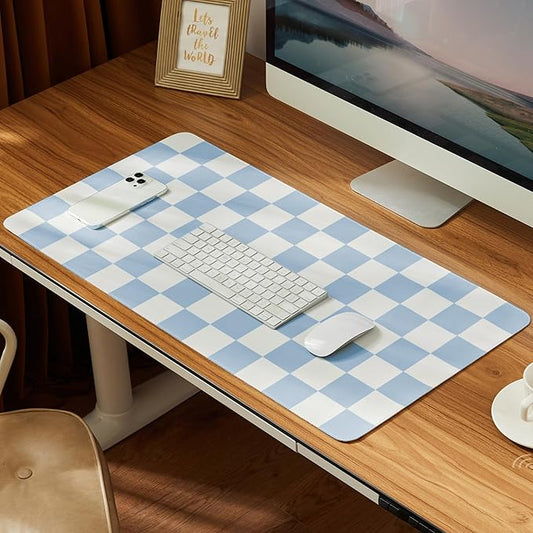 Checkered Desk Mat, 31.5" x 15.7" Large Cute Sky Blue Aesthetic Retro Accessories, PU Leather Computer Laptop Desk Mat Mouse Keyboard Pad, Desk Writing Makeup Mat for Vanity/Work/Home Decor