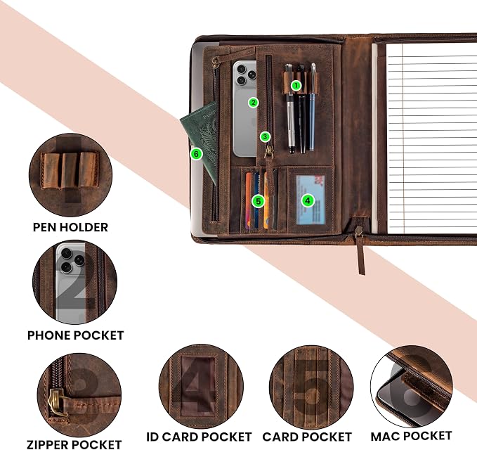 LEATHER VILLAGE Leather Portfolio Organizer - Professional Business Padfolio for Men & Women - Stylish Document Card Holder, Folio for A4/Letter Size Writing Legal Pad, Brown