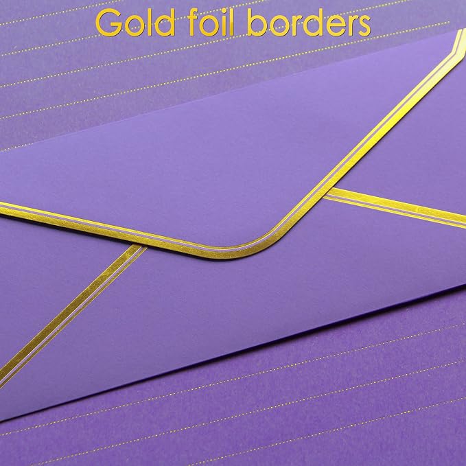 J6&H6 Gold Thread Stationary Paper and Envelopes Set Including 12 Standard Sized Phnom Penh Envelopes and 24 Sheets of Lined Paper Suitable for Daily Emotional Expression Formal Communication(purple)
