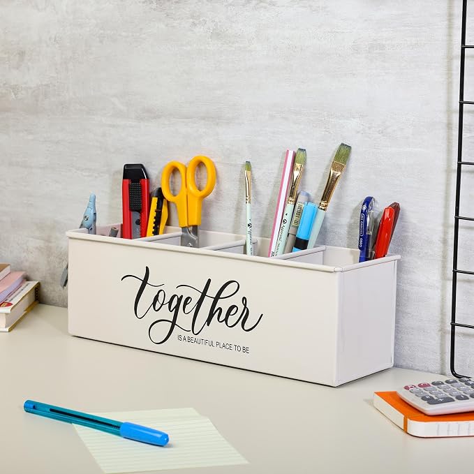 dudki Desk organizer with 4 compartments for office table | stylish Metal Desk Organizer | Stationary Storage | Pencil Holder for Office, Home, and Study Table (Together) Beige