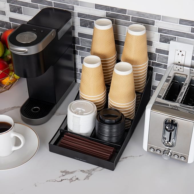 Mind Reader Cup and Condiment Station, Set of 2, Countertop Organizer, Coffee Bar, Metal Mesh, 8.5"L x 14.5"W x 5.25"H, Black