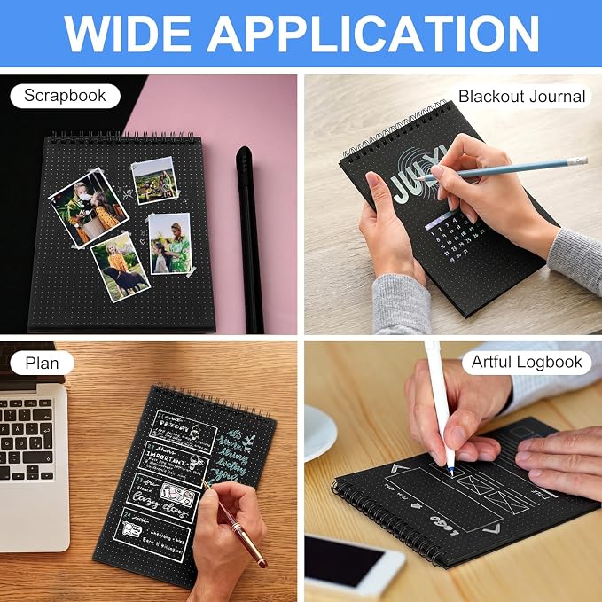 Engrowtic 2 Pcs Dot Grid Notebook Top Spiral Notebook A5 Size Bullet Dotted Paper Hardcover Dot Journal 8.3''x 5.8'' 140 Pages Spiral Notepads for Drawing Writing School Office (Black （black Page）)