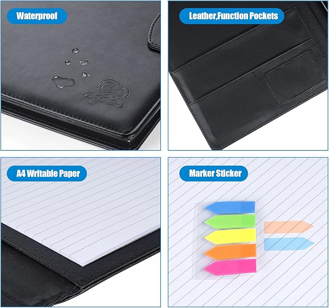 Agoer Padfolio Clipboard Folder, Leather Portfolio Organizer Binder with Magnetic Closure Cover for Interview Resume Office Conference,Business Portfolio Included Letter Sized Paper & Pen & Sticky Tab