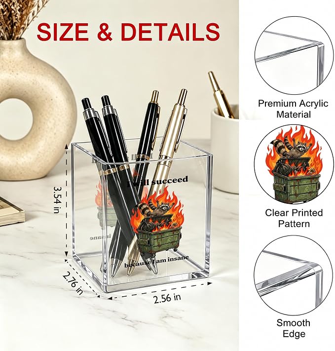 Funny Raccoon Dumpster Fire Office Acrylic Cosmetic Pen Pencil Holder Cup, I Will Succeed Because I Am Insane Humor Pencil Organizer, Unique Desk Accessories, Sarcastic Gifts for Women Men（A45）