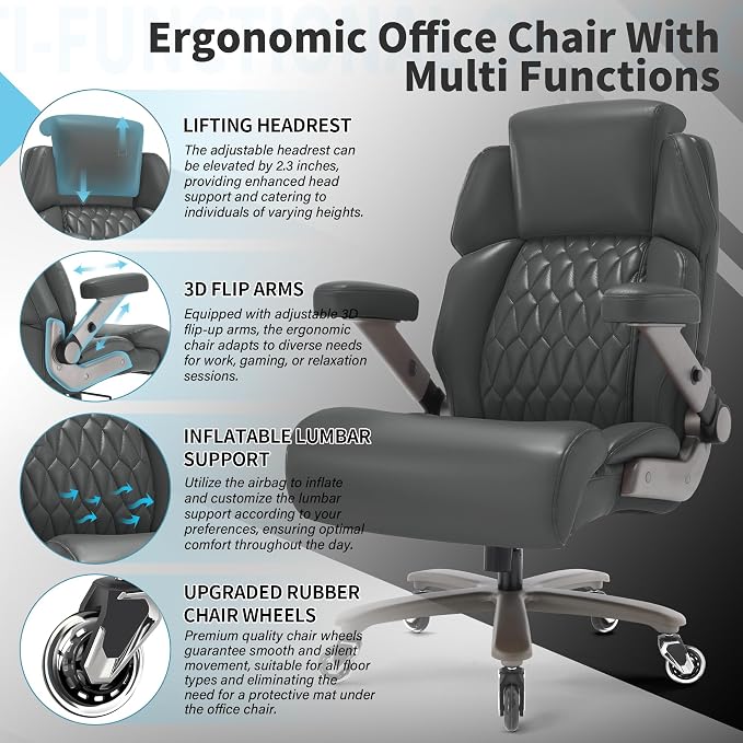 Big and Tall Office Chair 700lbs, Ergonomic High Back Computer Desk Chair | Adjustable Headrest&Lumbar Support, 3D Flip Arms, Large Wheels, Heavy Duty Metal Base, Thick Padded Wide Seat Executive Chair