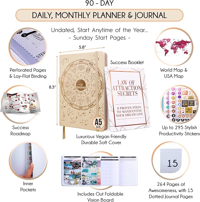 90-Day Goal Planner with Daily Journal, Gratitude & Habit Tracker | Daily Planner, Productivity, Time blocking, Manifestation & Affirmations with Vision Board, Gratitude Journal for Women & Men