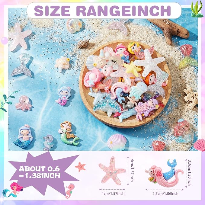 Giegxin 40 Pcs Summer Mermaid Resin Charm Seabed Seashells Crabs Mermaid Tails Flatback Cabochon Accessories Cute Embellishments Bulk for Jewelry Cellphone Case Scrapbooking Headband DIY Craft Making