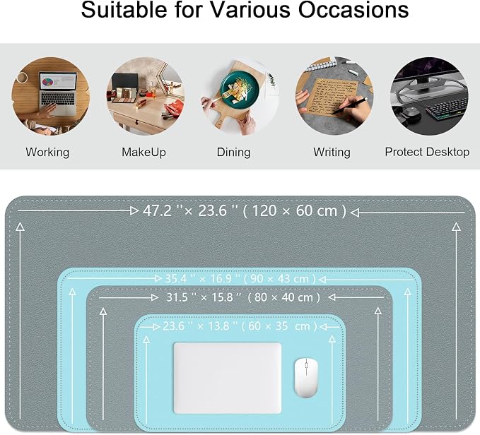 Bleswin Double-Sided Desk Mat, 23.6''×13.8'', PU Leather Mouse Pad, Waterproof Desk Pad, Laptop Leather Desk Mat, Protector for Keyboard and Mouse for Office and Home (Grey+Light Blue)