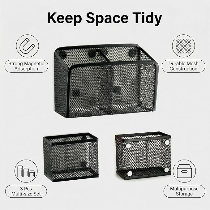 Neudeco Magnetic Locker Organizer, Set of 3, Black | Mesh Pencil Holder & Storage Basket, For Locker, Whiteboard & Refrigerator, Strong Magnet, School Supply Organizer