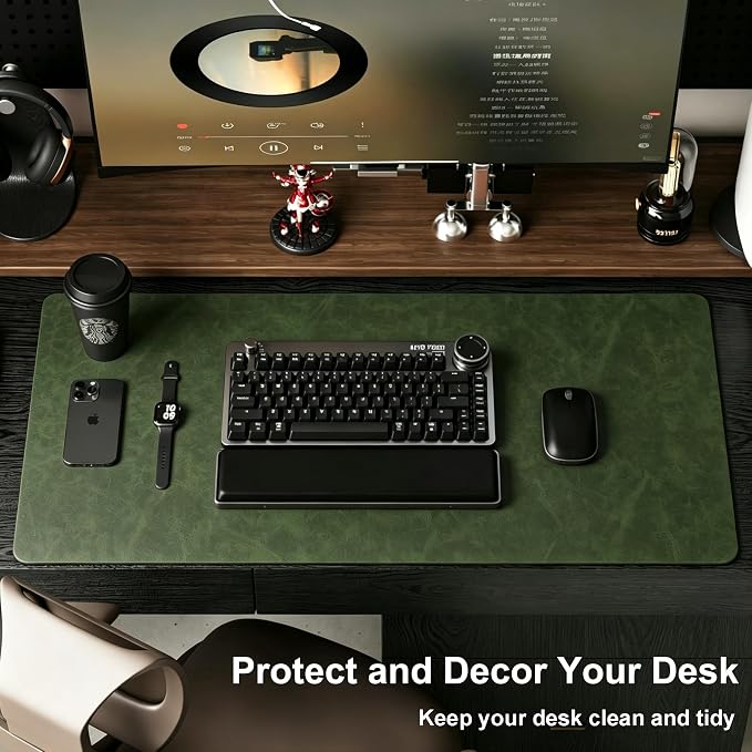 Distressed Leather Desk Mat - Non-Slip PU Leather Desk Pad Protector - Large Waterproof Mouse Pad Computer Keyboard Desk Mat Desk Accessories for Office & Home (Forest Green, 23.6"x 15.7")