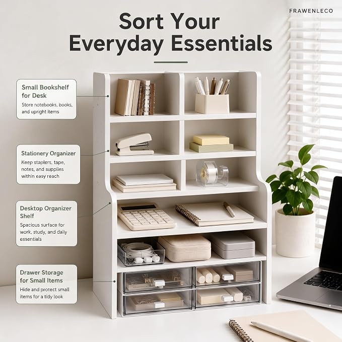 6-Tier Desktop Organizer Shelf, Small White Desk Storage Rack with Drawers, Multi-Layer Office Desk Organizer for Books, Stationery, Makeup, Study Room, Dorm, Home Office