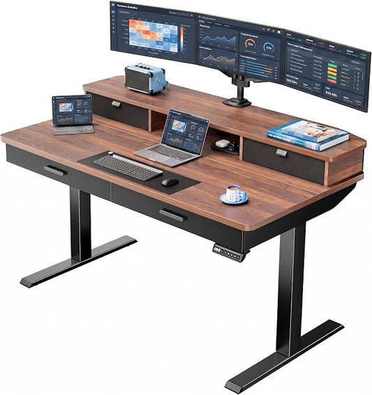 HUANUO 55 x 30 inch Electric Standing Desk with 2 Wood Drawers, Adjustable Height Sit Stand Desk for Home Office, Ergonomic Stand up Desk with 4 Memory Presets, 176 lbs Capacity, Walnut Top