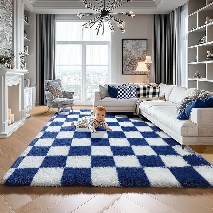 KICMOR Living Room Rug 5x7 Checkered Fluffy Area Rug, Navy Blue and Cream White Fuzzy Shag Shaggy Bedroom Carpets, Soft Plush Indoor Floor Rug for Kids Boys Girls Room Nursery Playroom Home Decor