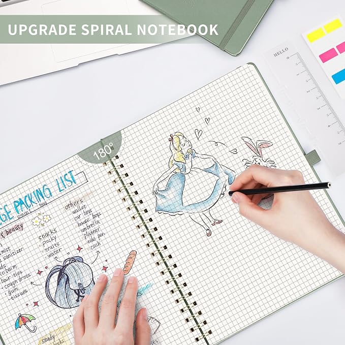 AHGXG Graph Paper Notebook - Spiral Notebook 8.5" x 11", A4 Large Hardcover Leather Journal Grid Notebook, 100 gsm Thick Graph Paper,Journals for School Writing Graphing Engineering Math, Sage Green