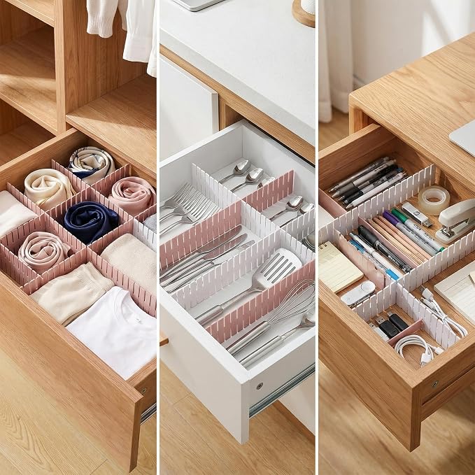16 Pcs Adjustable Drawer Dividers, DIY Plastic Grid Separators for Clothes, Socks, Underwear, Kitchen and Office, Cuttable Drawer Organizer Dividers, 14.5 x 2.7 in (4 Packs of 4)（White）