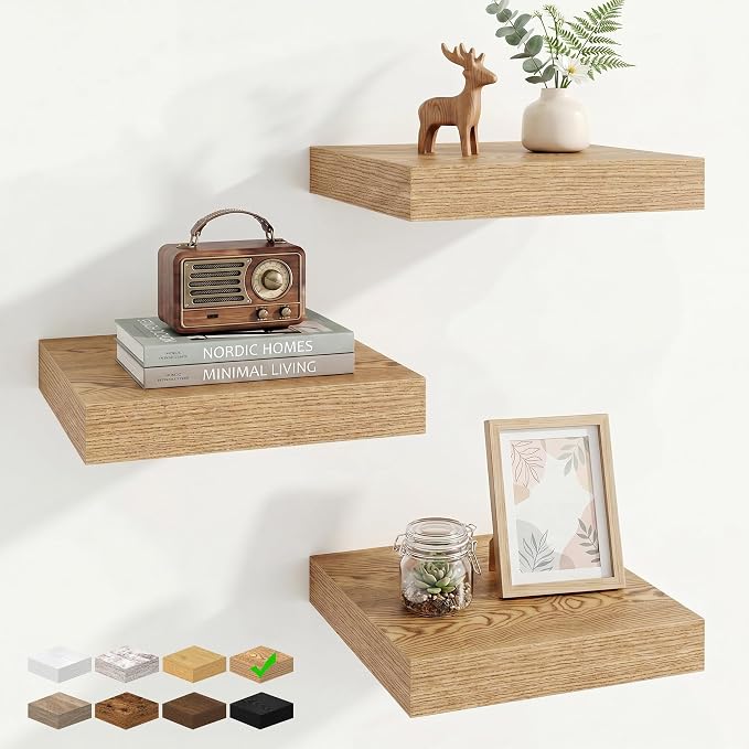 Marsmiles Square Floating Shelves for Wall, 12" W x 12" D x 1.5" H, 3 Pack Small Wall Mounted Engineered Wood Shelves with Invisible Brackets for Living Room, Bedroom, Bathroom, Kitchen Decor, Cedar