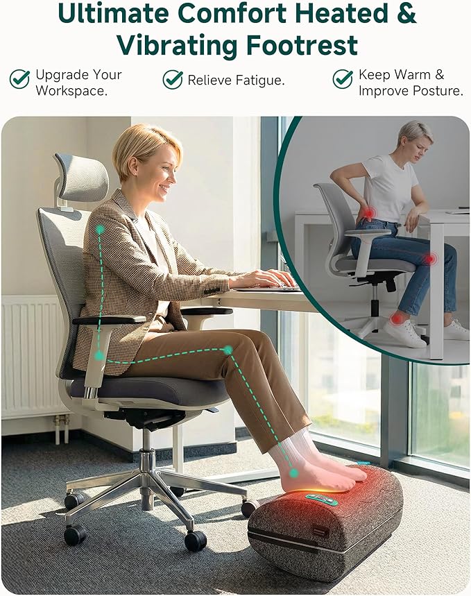 Vibration Foot Rest with Heat & Swing Function, Adjustable Ergonomic Footrest for Under Desk, 3 Graphene Heat Levels, 3 Massage Modes, Timer, Office & Home Relaxation Foot Stool, Gifts for Men Dad
