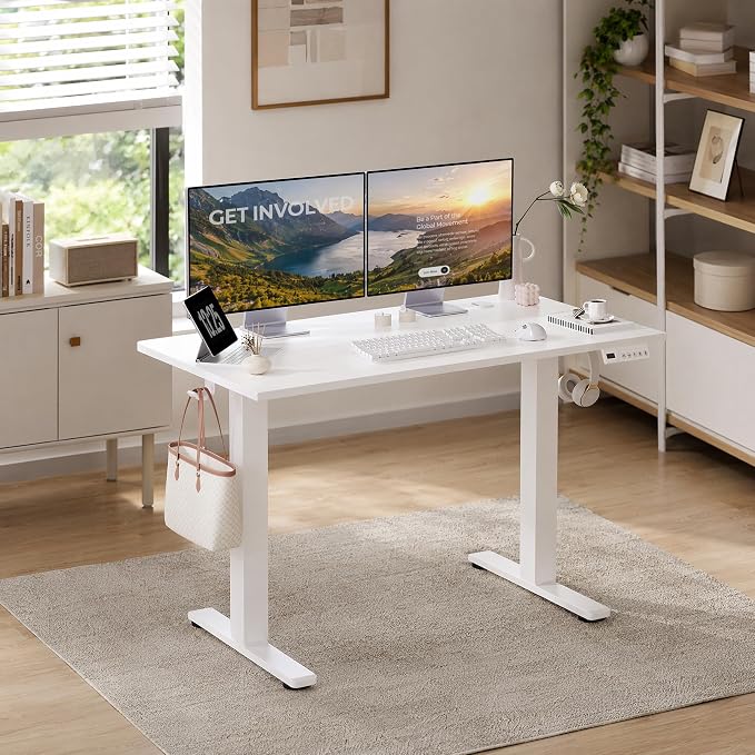 Claiks Electric Standing Desk, 55x24 Inch, White | Adjustable height for sit-stand, 156lbs capacity, scratch-resistant surface, 3 memory presets, cable management & hook.
