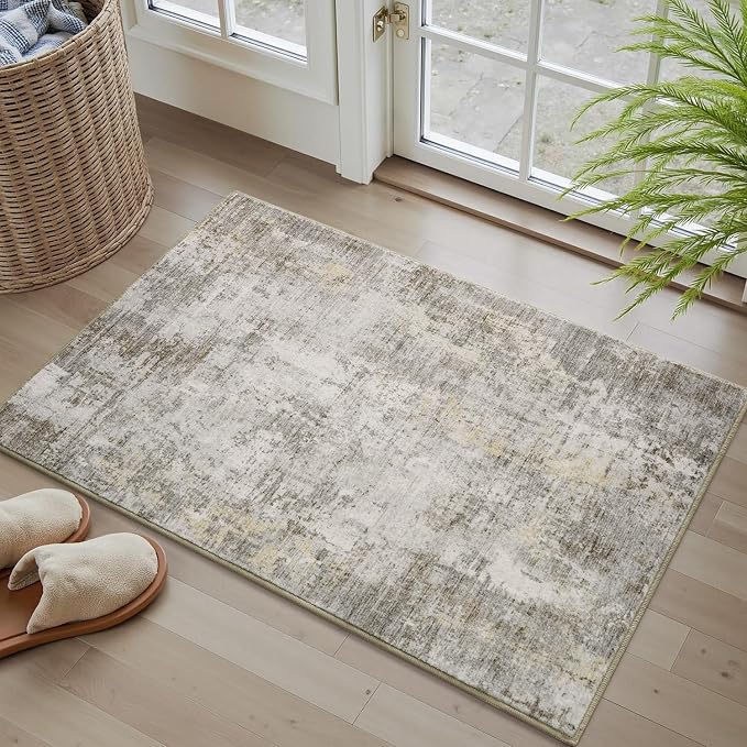 2 x 3 Small Area Rug Indoor Entryway Rug Machine Washable Non Slip Low Pile Carpet Modern Abstract Rugs for Bedroom Kitchen Powder Room Front Porch Bathroom, Beige