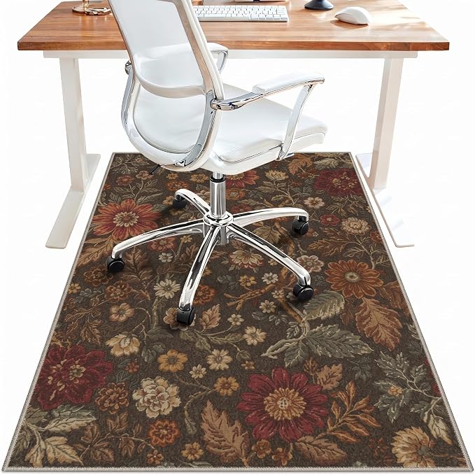 36"x48" Office Chair Mat for Hardwood Tile Floor, Under Desk Carpet Protector for Rolling Computer Chair Mat, Machine Washable Area Rug, Anti-Slip 1/5" Thick Low Pile Thin Vinyl Floor Mat, Red Brown